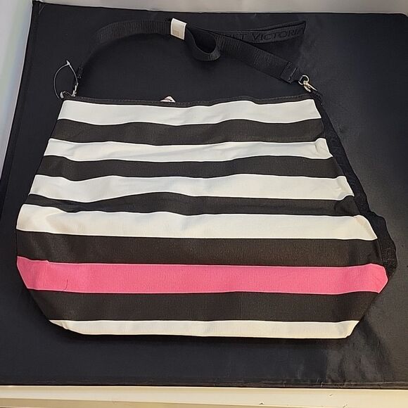 BRAND NEW VICTORIA SECRET WEEKENDER CANVAS STRIPED GOLD LOGO EMBROIDERY TOTE BAG - Picture 9 of 15